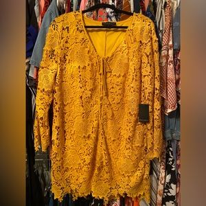 NWOT Eloquii Size 14 Yellow Lined Lace Long Sleeve Mini Dress